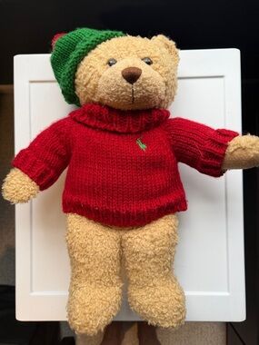 Vintage Ralph Lauren Tan Bear in Red Sweater and Green Knit Hat